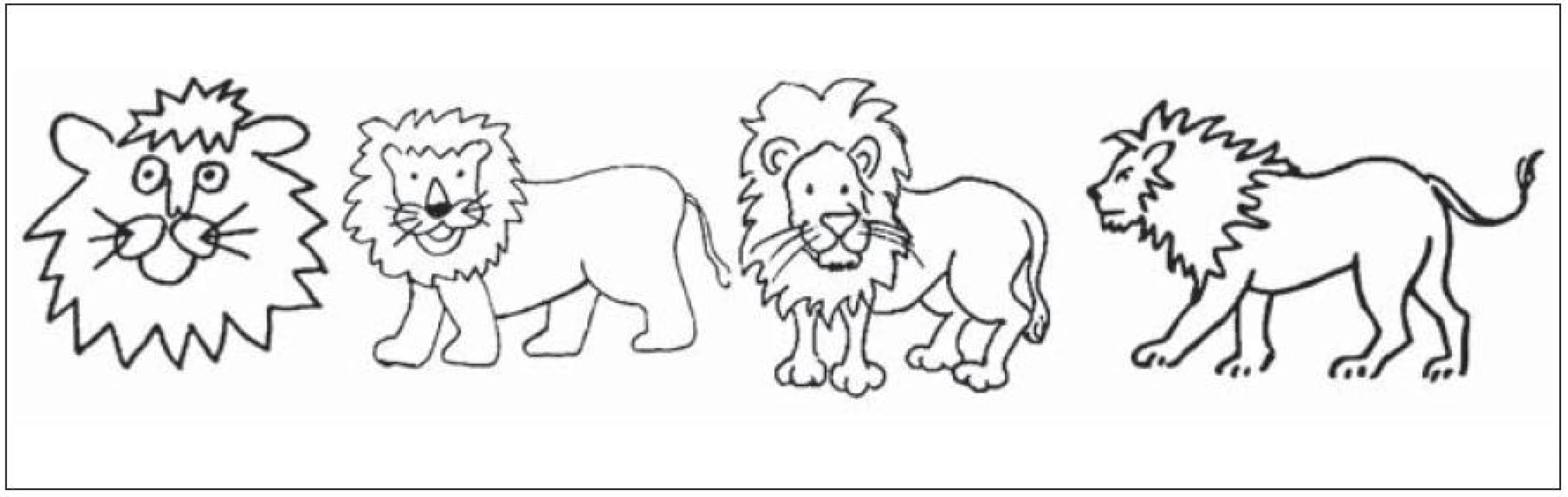 Příklad proměn obrázku „lev“ od první do poslední sady obrázků.