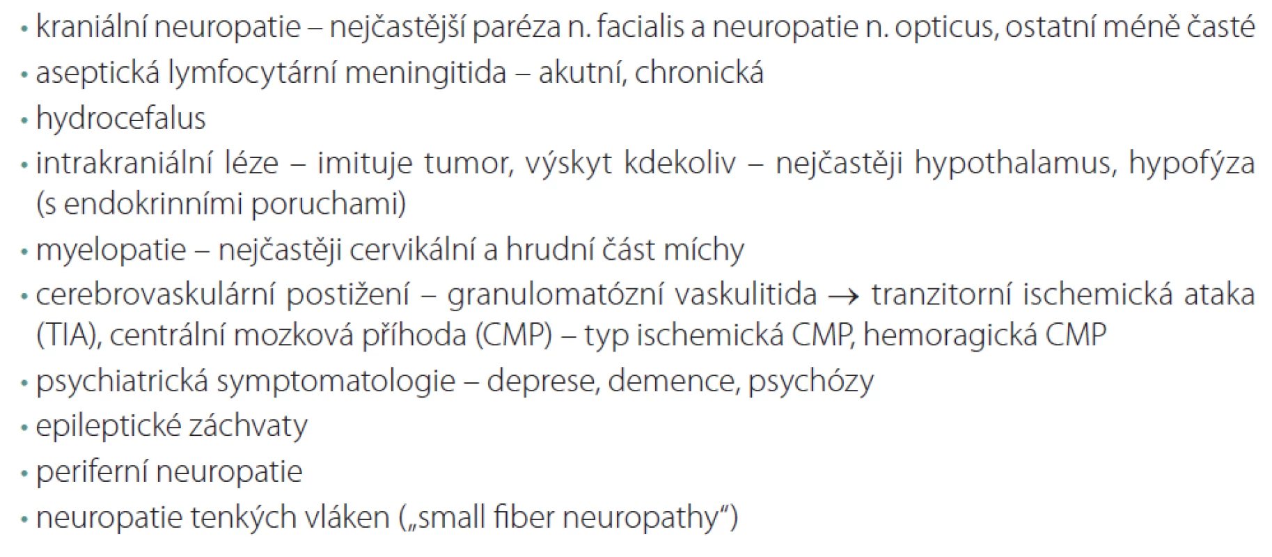 Typy postižení neurosarkoidózou a její symptomy (upraveno dle Agnihotri et al [7].