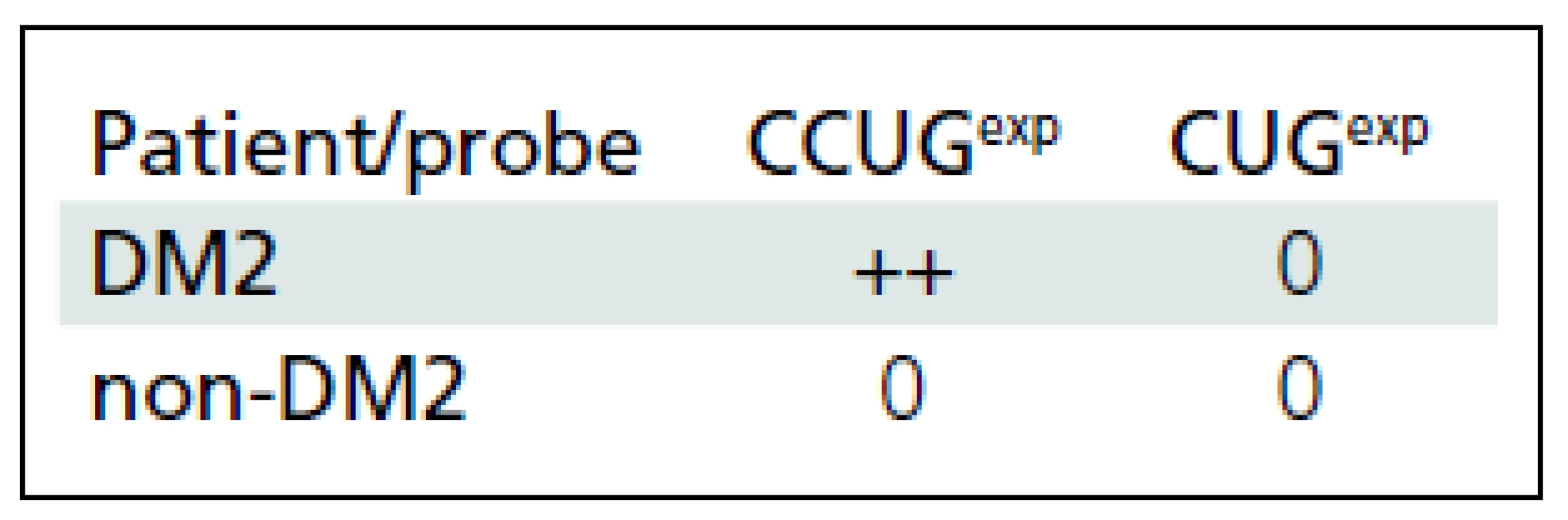 Reaction of lymphocytes with CUG/CCUG probes in DM2 and non-DM2 patients. Positive reactivity with CCUG&lt;sup&gt;exp&lt;/sup&gt; probe identified in lymphocytes from DM2 patients only.