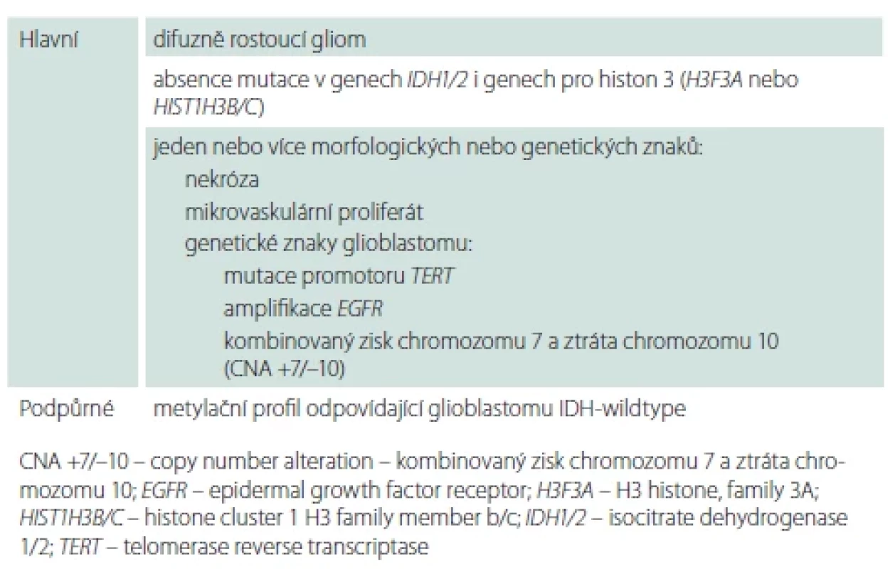 Diagnostická kritéria pro glioblastom IDH-wildtype dle WHO.