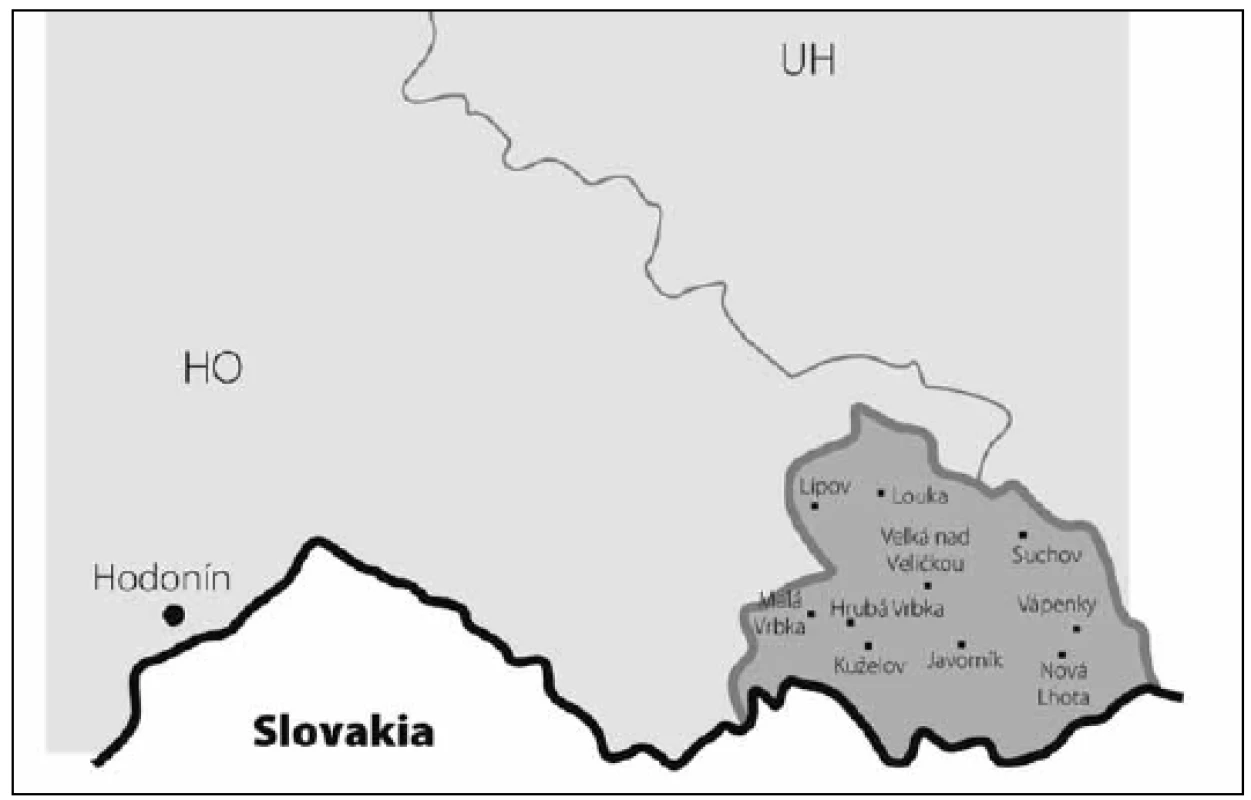 Map of south-eastern Moravia with county border. The dark gray area is the Hornacko region, 10 villages.