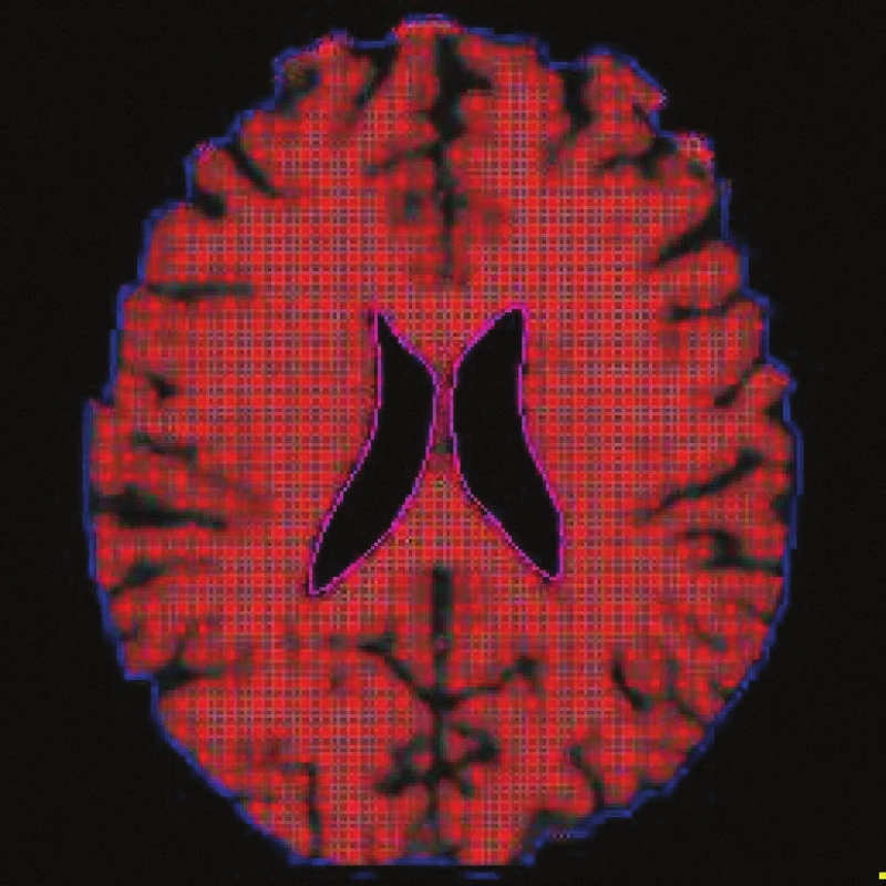 Technika určování BPF (Brain Parenchymal Fraction), což je poměr objemu mozkové tkáně (zde vyšrafován červeně) ku objemu mozku + likvorových prostor (modrá kontura). Hodnota BPF byla 84,92.