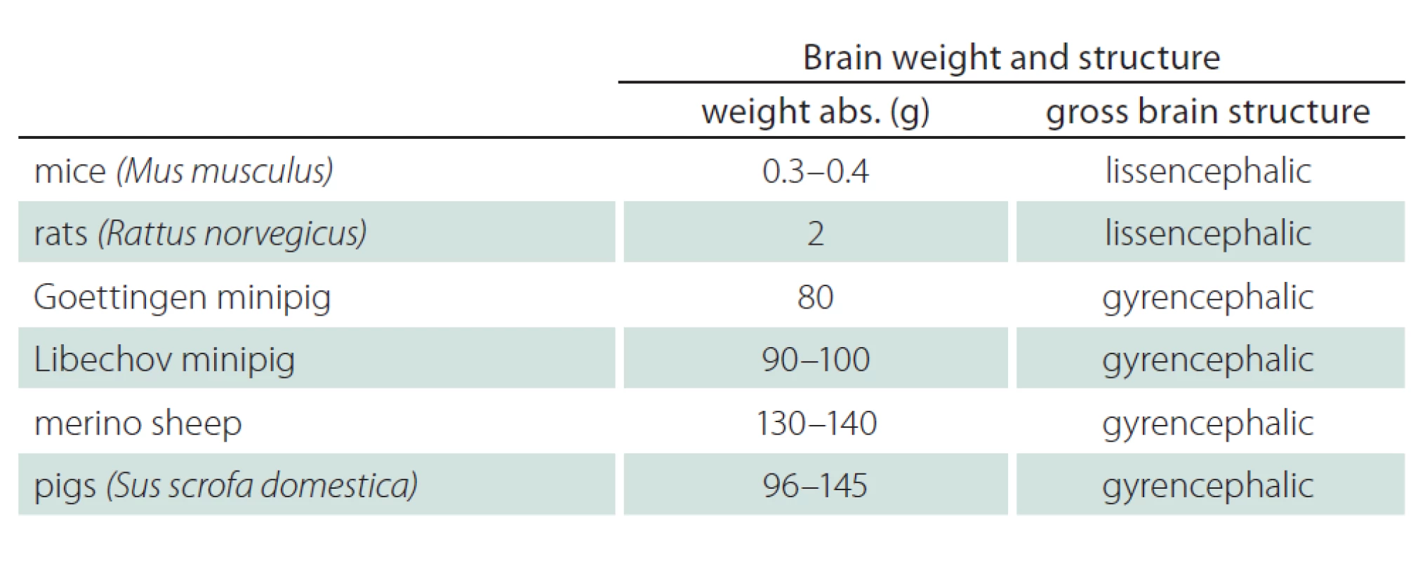 Brain volume and brain structure compared between of mice, rats, sheep and pigs.