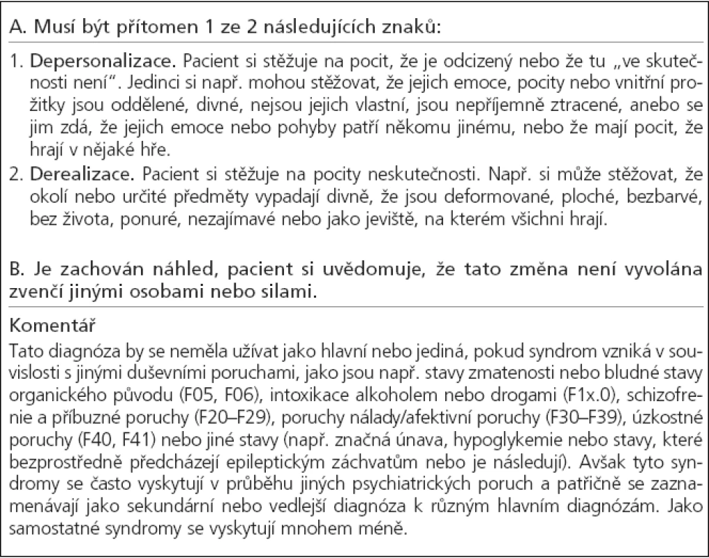 Kritéria MKN-10 pro F48.1 depersonalizační a derealizační syndrom [4].
