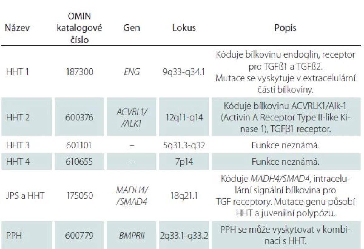 Mutace genů a typy HHT.