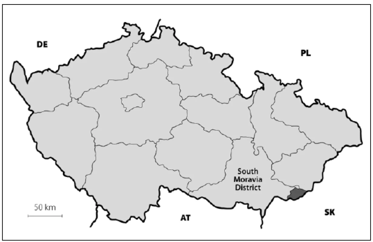 Map of Czech Republic with highlighted district borders. The dark gray area in the lower right is the Hornacko region.