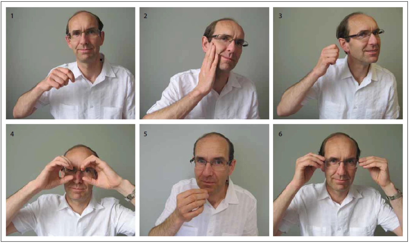 Šest gest symbolizujících lidské smysly k testování epizodické paměti testem TEGEST jsou v pořadí, jako by byly uspořádány do kruhu od úst (1. chuť – jíte lžící) přes tvář (2. hmat – hladíte se po tváři), ucho (3. sluch – telefonujete), oči (4. zrak – díváte se dalekohledem) k nosu (5. čich – přičichnete ke květině). Nakonec se přidává jedno gesto týkající se znovu zraku (6. nasadíte si brýle).
Fig. 1. Six gestures symbolizing the human senses to test the episodic memory with the TEGEST test are in order as if they were arranged in a circle starting near the mouth (1. taste – you are eating with the spoon) and across the face (2. touch – you stroke your own face), the ear (3. hearing – you are making a phone call), the eyes (4. sight – you are looking through binoculars) and up to the nose (5. smell – you are smelling a fl ower). Finally, one gesture related to sight is added (6. you are putting on your glasses).