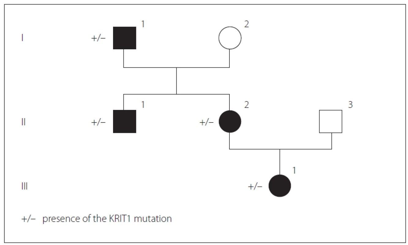 Presence of KRIT1 mutation in the genealogical tree of the family.<br>
Obr. 1. Přítomnost mutace KRIT1 v genealogickém stromu rodiny.
