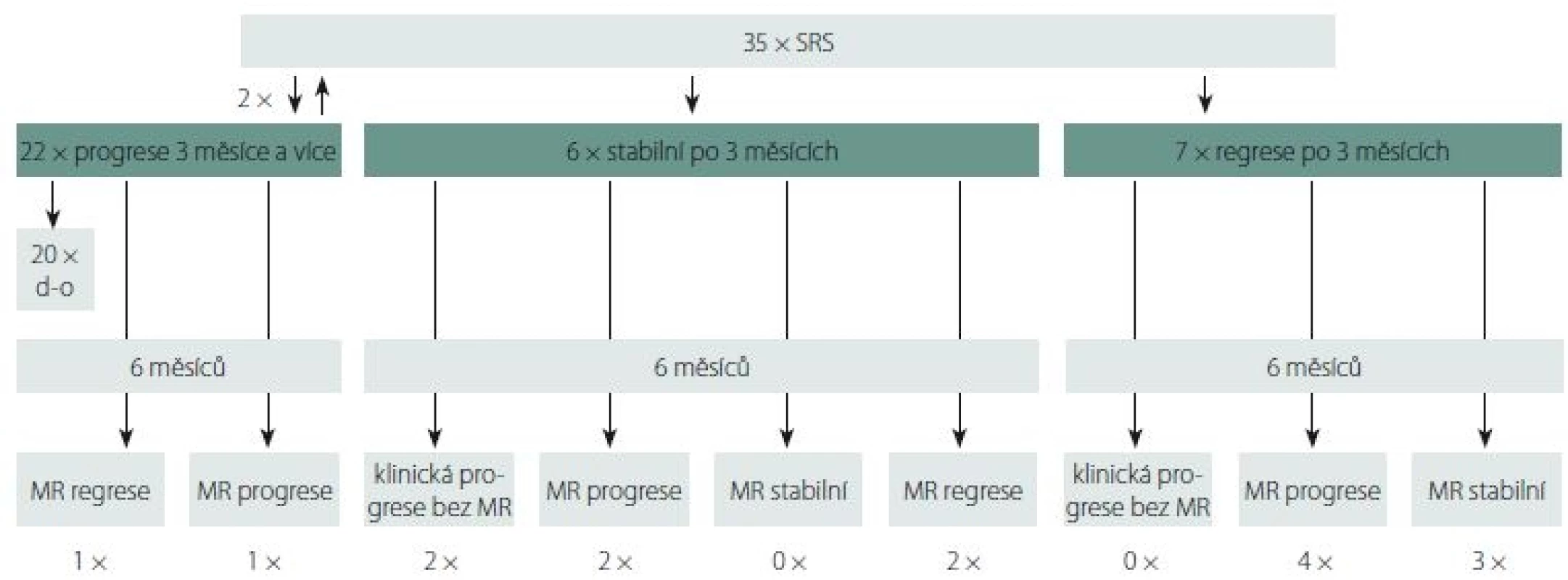 Vývoj ozářených ložisek GBM po 3 a 6 měsících po SRS.<br>
d-o – počet pacientů po 3. měsíci graficky nevyšetřovaných; GBM – multiformní glioblastom; SRS – stereotaktická radiochirurgie<br>
Fig. 1. Radiologic follow-up of GBM lesions 3 and 6 months after SRS.<br>
d-o – number of patients with no radiologic control after 3 months; GBM – glioblastoma multiforme; SRS – stereotactic radiosurgery