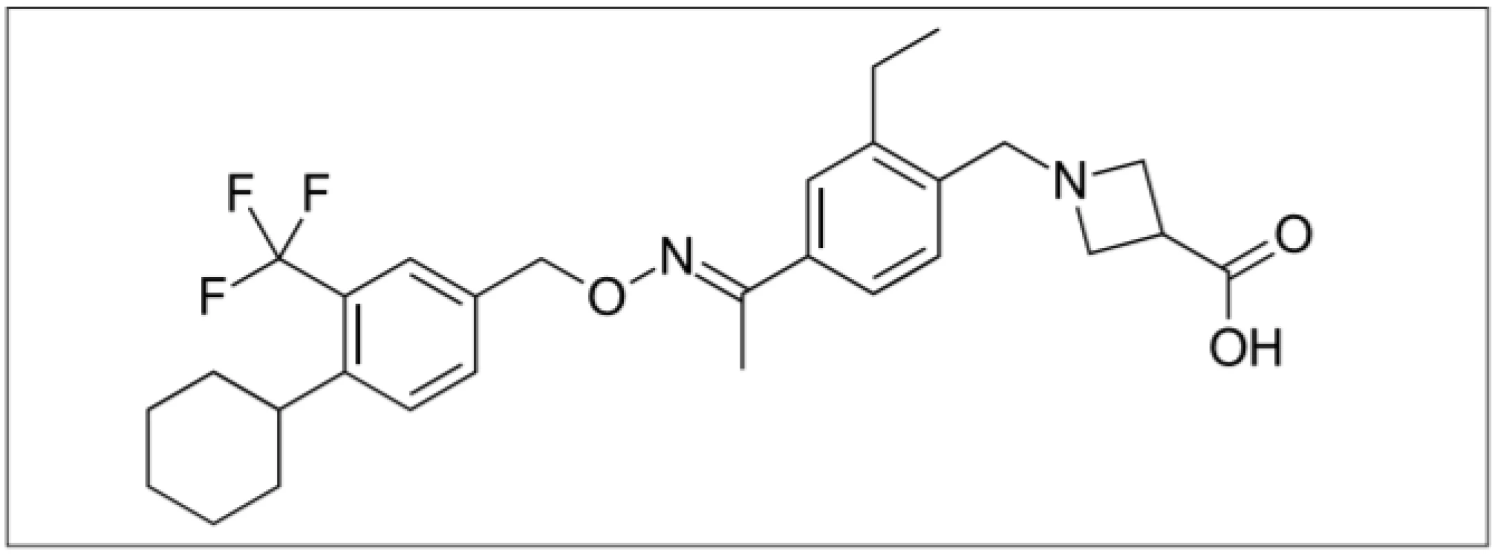  BAF312 (1-(4-{1-[(E)-4-cyclohexyl3 – trifl uoromethylbenzyloxyimino]-ethyl}-2-
ethylbenzyl)- azetidine-3-carboxylic acid) selektivní modulátor S1P1 a S1P5 receptorů
umožňující S1P1 receptorově-závislou modulaci transportu lymfocytů bez mediačního
účinku S1P3 receptoru [12].<br>
Fig. 1. BAF312 (1-(4-{1-[(E)-4-cyclohexyl-3 – trifl uoromethylbenzyloxyimino]-ethyl}-2-
ethylbenzyl)- azetidine-3-carboxylic acid) selective modulator of S1P1 a S1P5 receptors
enabling S1P1 receptor-dependent lymphocyte transport without the eff ect of the S1P3
receptor [12].