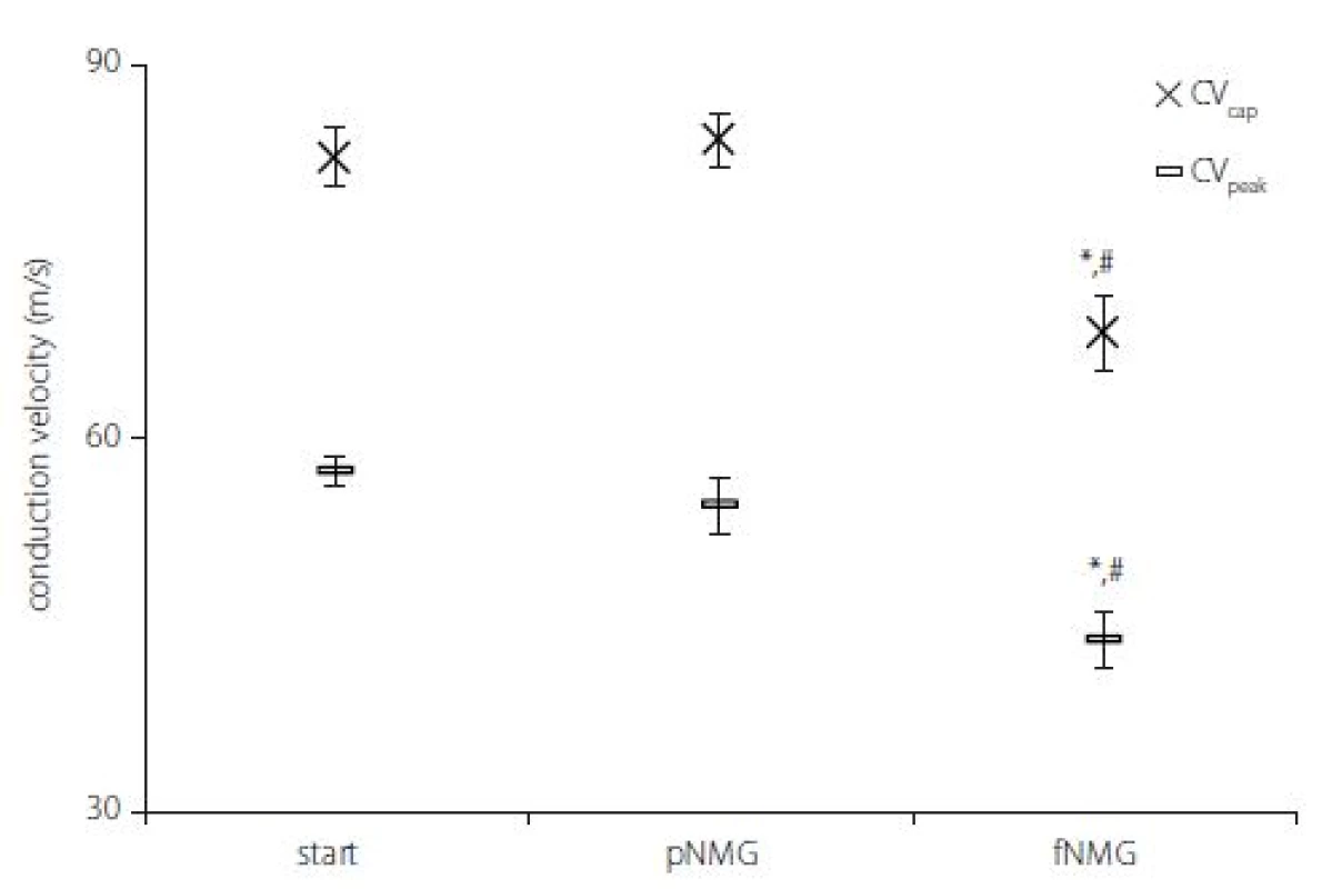 Conduction velocities regarding experiment groups. Values are given as mean ± SEM (Start, pNMG, fNMG; N = 8).
* – P < 0.05 compared with the Start; # – P < 0.05 compared with the pNMG group CV – conduction velocity; fNMG – full N-methyl-D-glucamine replacement; N – number; NMG – N-methyl-D-glucamine; pNMG – partial N-methyl-D-glucamine replacement;
SEM – standard error mean<br>
Obr. 3. Rychlosti vedení vzruchu v jednotlivých experimentálních skupinách. Hodnoty jsou uvedeny jako střední hodnota ± SEM (Start, pNMG, fNMG; n = 8).
* – p < 0,05 v porovnání se skupinou Start; # – p < 0,05 v porovnání se skupinou pNMG CV – rychlost vedení vzruchu; fNMG – plné nahrazení N-methyl-D-glukaminu; n – počet; NMG – N-methyl-D-glukamin; pNMG – částečné nahrazení N-methyl-D-glukaminu; SEM – střední chyba průměru